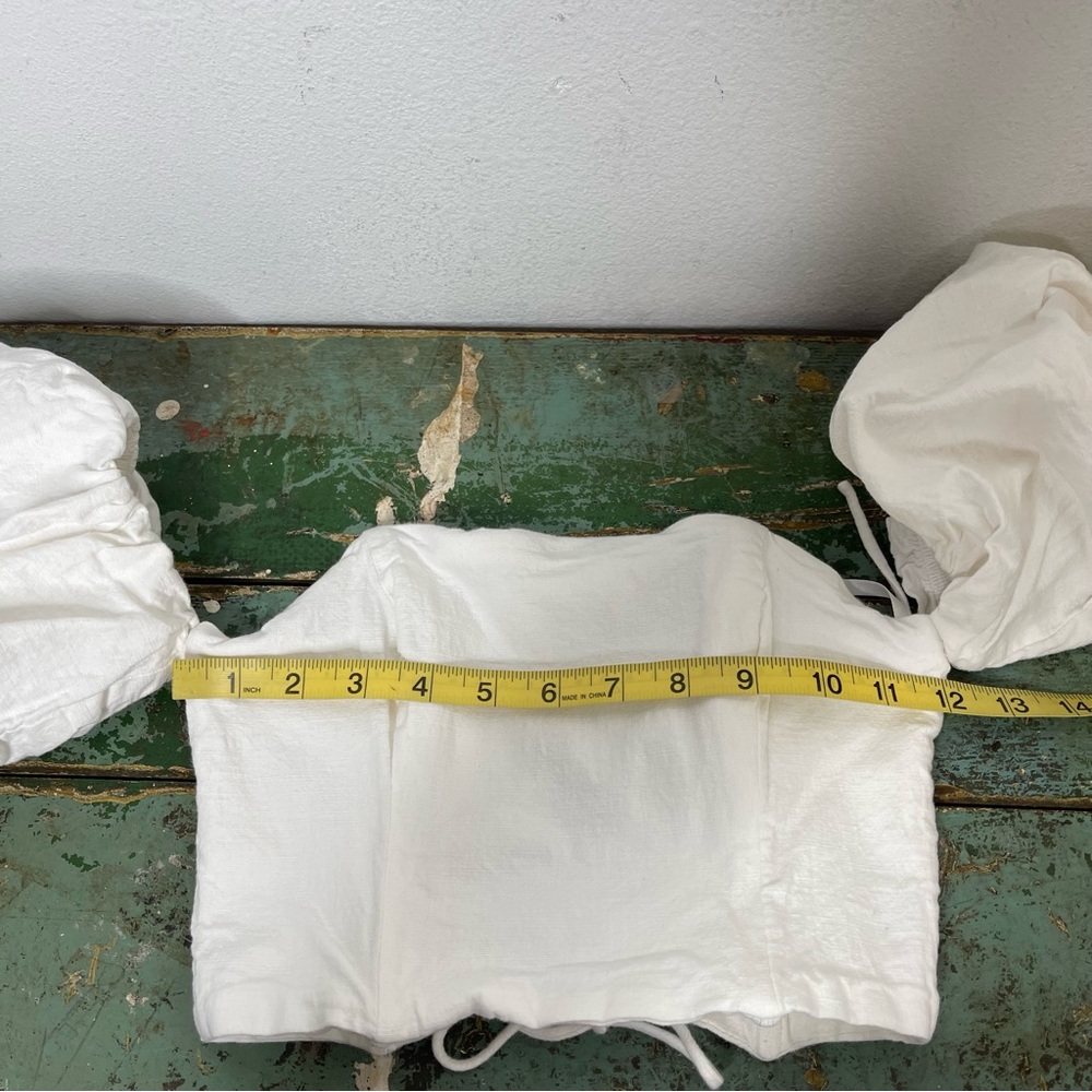 SEVEN Wonders Ivory Puff Sleeve Off Shoulder Cotton Tie Corset Crop Top Sz S - Picture 12 of 16